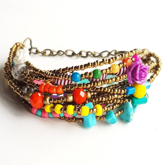 ENKEFEN Braccialetti Rigidi Piatti Con Perline Colorate - Boho Regolabile Impilabile, Gioielli Moda Donna - 2