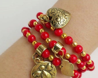 Pulseras con cuentas Boho - cuentas de piedra roja - pulsera roja - joyería roja - pulsera elástica - pulsera del corazón - joyería boho - encanto ángel