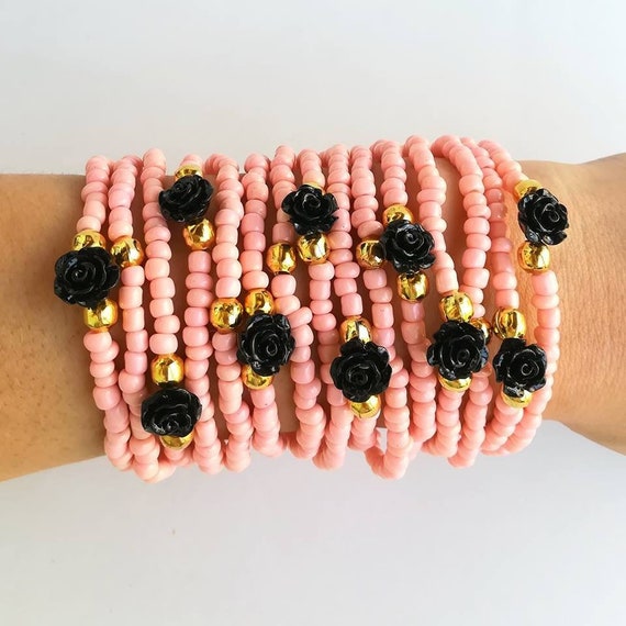 Coral Pink bracelet - friendship bracelet - bohemian bracelet - stretch bracelets - black roses - beaded bracelet - bracelet set - birthday