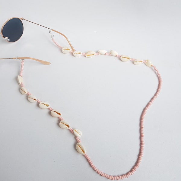 Shell Sunglass Chain, Eyeglass Shell and Knots Strap, Sunglass Strap, Sunglass Cord, Shell Sunglass Necklace, cowrie shell boho strand