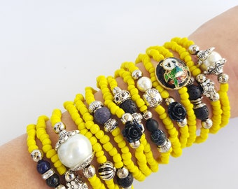 Matrioska bracelet, yellow bracelet set - stretch - layering - stacking - stackable - black rose - valentine gift - boho - christmas gift