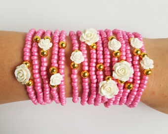 Pink bracelet - friendship bracelet - layering bracelets - stretch bracelets - rose bracelets - beaded bracelet - white roses - bracelet set