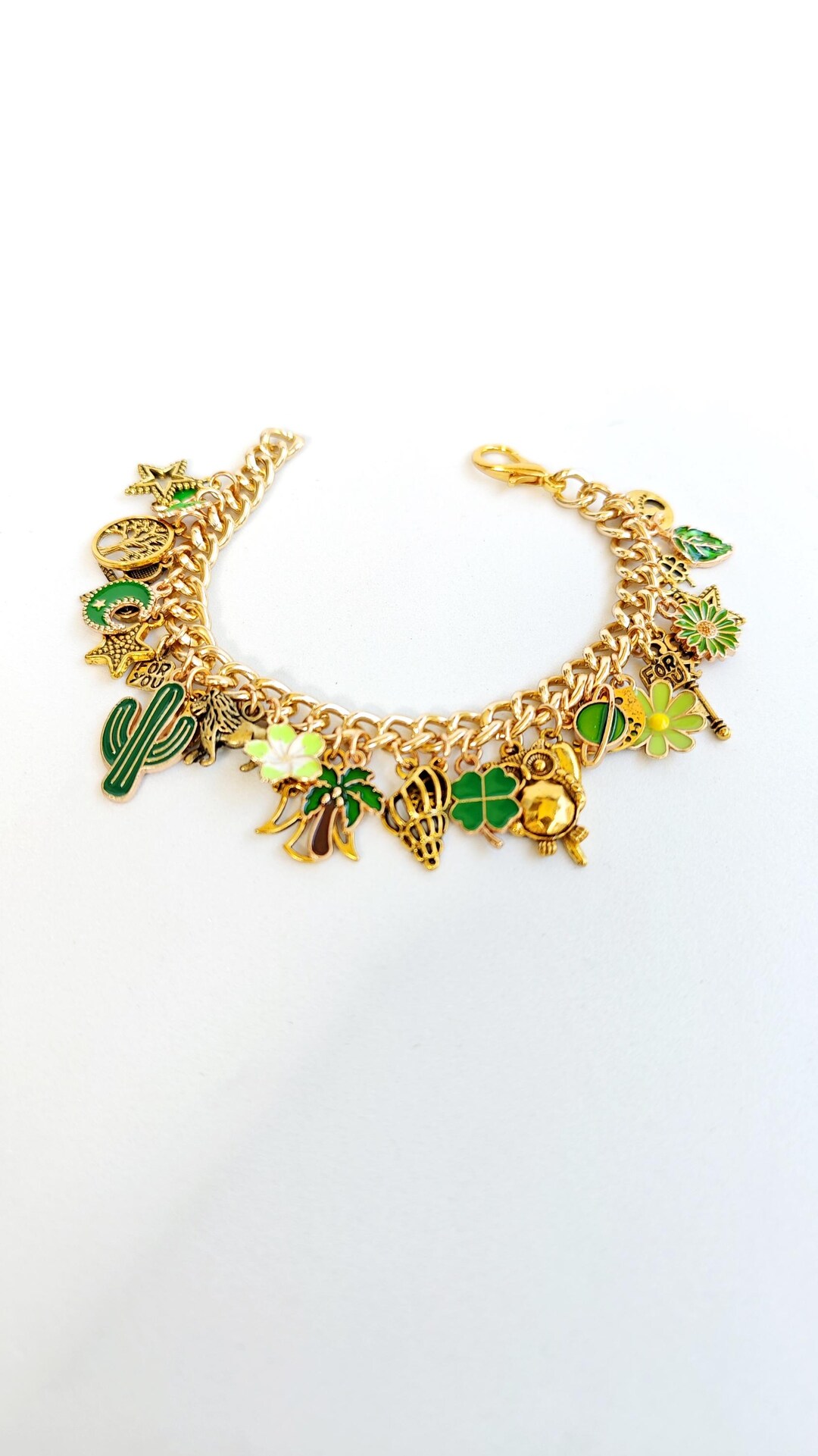 Green Emerald Bracelet: 925 Sterling Silver 18K Gold Overlay  🩵 Elegant Green and Gold & Silver Women\'s Charm Bracelet 🩵 main image 1