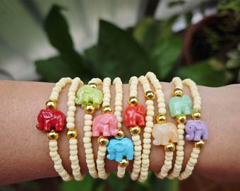 yellow Beaded bracelets for woman, porcelain elephant bead, beaded stackable bracelet set seedbead bracelety for her, christmas perfect gift