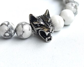 Herenarmband - wolfarmband - elastische armband - kralenarmband - witte armband - cadeau voor hem - witte kralen - boho chic herensieraden