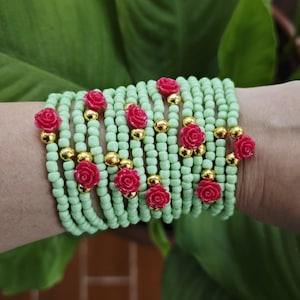stacked bracelet - beaded green set - layered bracelets - stretch bracelets - Seedbead Braclet - pink roses - stack - festival jewelry