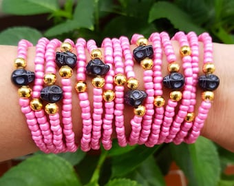 Skull bracelet - layering bracelets - stacking bracelets - friendship bracelet - arm candy - summer jewelry - halloween - bff gift - pink