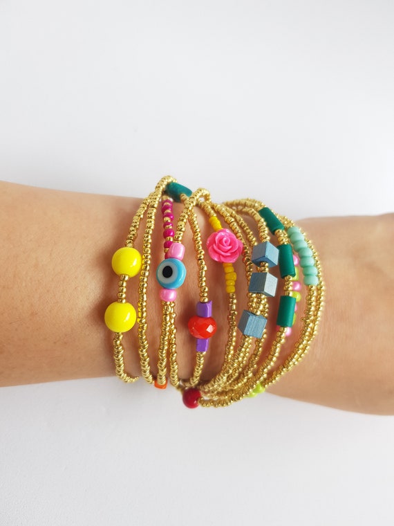 Wiwpar Set Di 3 Braccialetti Bohémien A Strati Con Perline - Regolabili, Color Oro, Stile Boho - 2