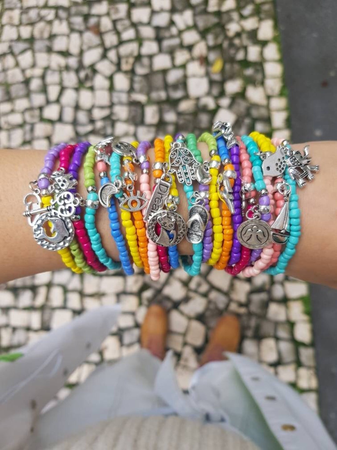 Friendship bracelet, layered bracelets, stretch bracelets with charm,  bracelets with charms, good luck charms layering summer bohemian -   Portugal