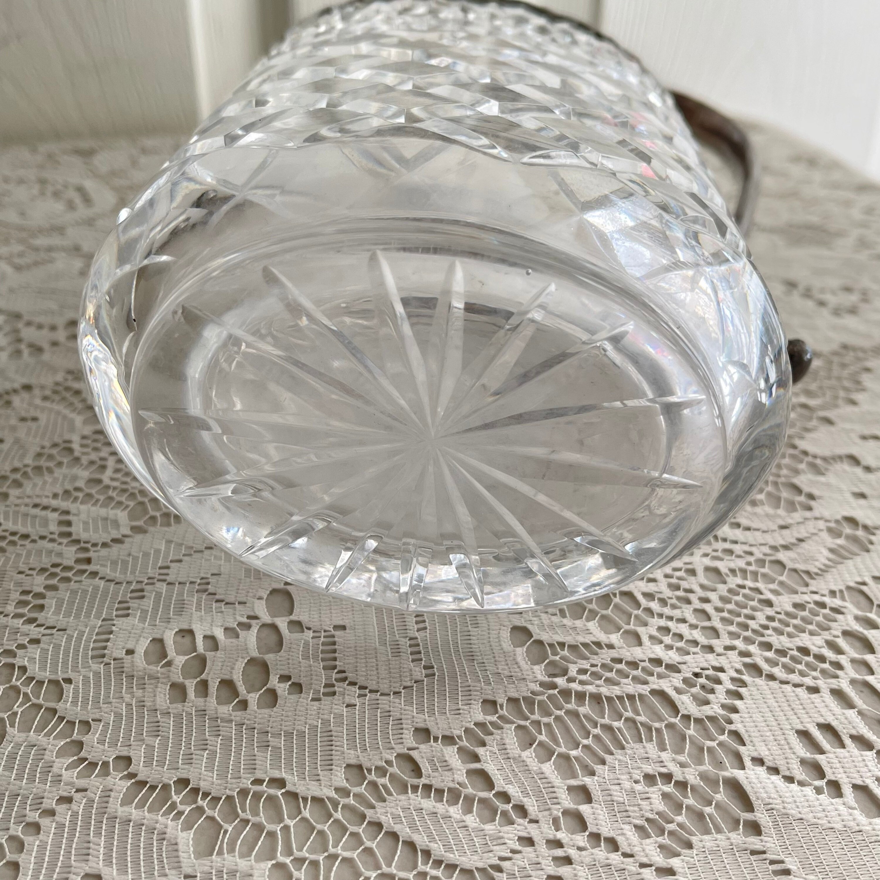 Crystal Glass Diamond Cut & Silverplated Top Lid, Handle Claret Jug Ewer  Decanter Wine Pitcher Circa 1930s-1940s Barware Heavy 