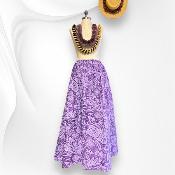 Hawaiian Maxi Skirt Ohia Lehua Pua Melia Monstera Print Purple Elastic Waist