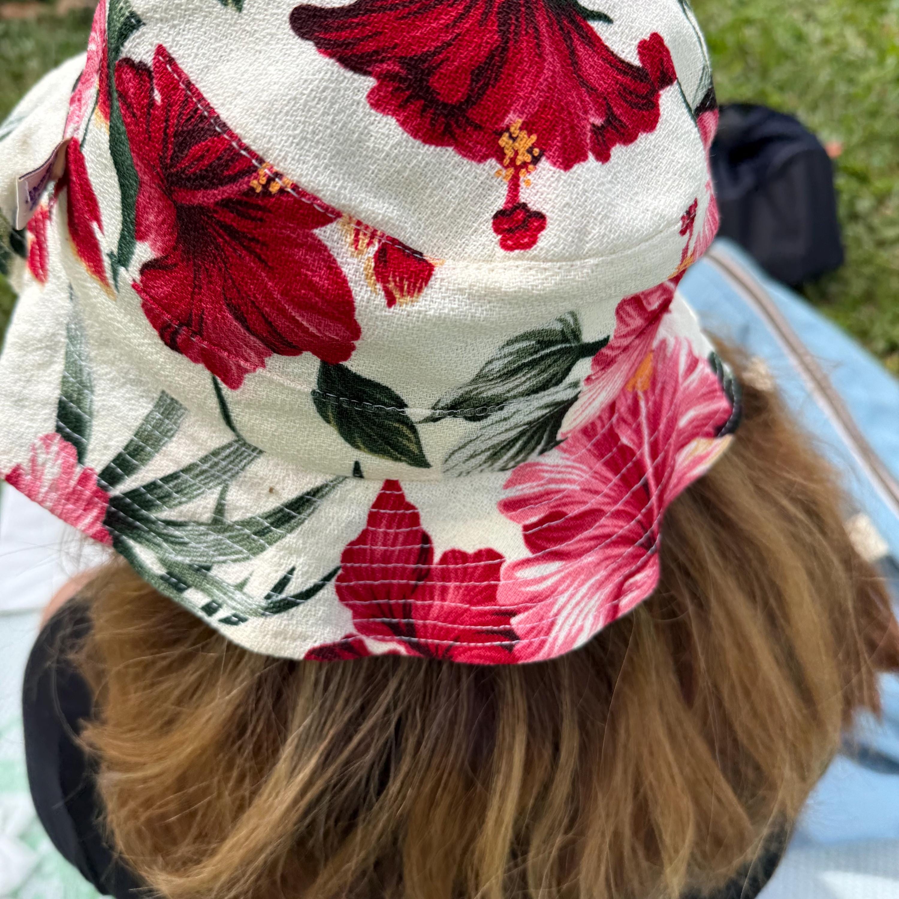 Hawaiian Barkcloth Cotton Hat Summer Hibiscus Size Medium  display picture 2