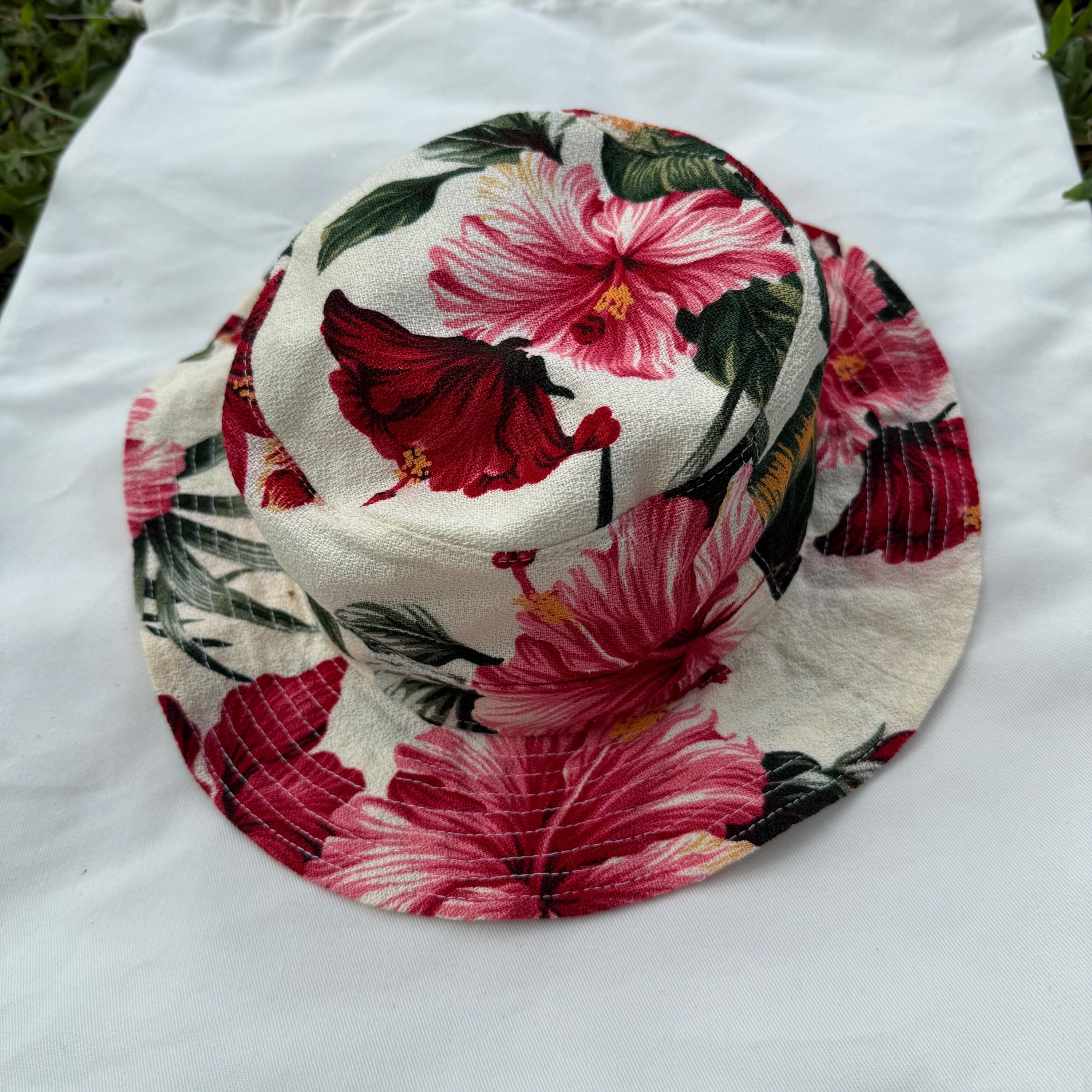 Hawaiian Barkcloth Cotton Hat Summer Hibiscus Size Medium  display picture 1