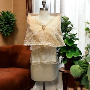Embroidered Filipiniana Alampay Beige  Floral Patterns Scalloped Edges Shawl Maria Clara Pañuelo One Size
