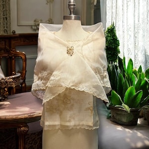 Geborduurde Filipiniana Alampay beige sjaal met bloemen bloemen Maria Clara Pañuelo One Size
