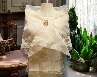 Embroidered Filipiniana Alampay Beige Raised Stitch Floral Shawl Maria Clara Pañuelo One Size