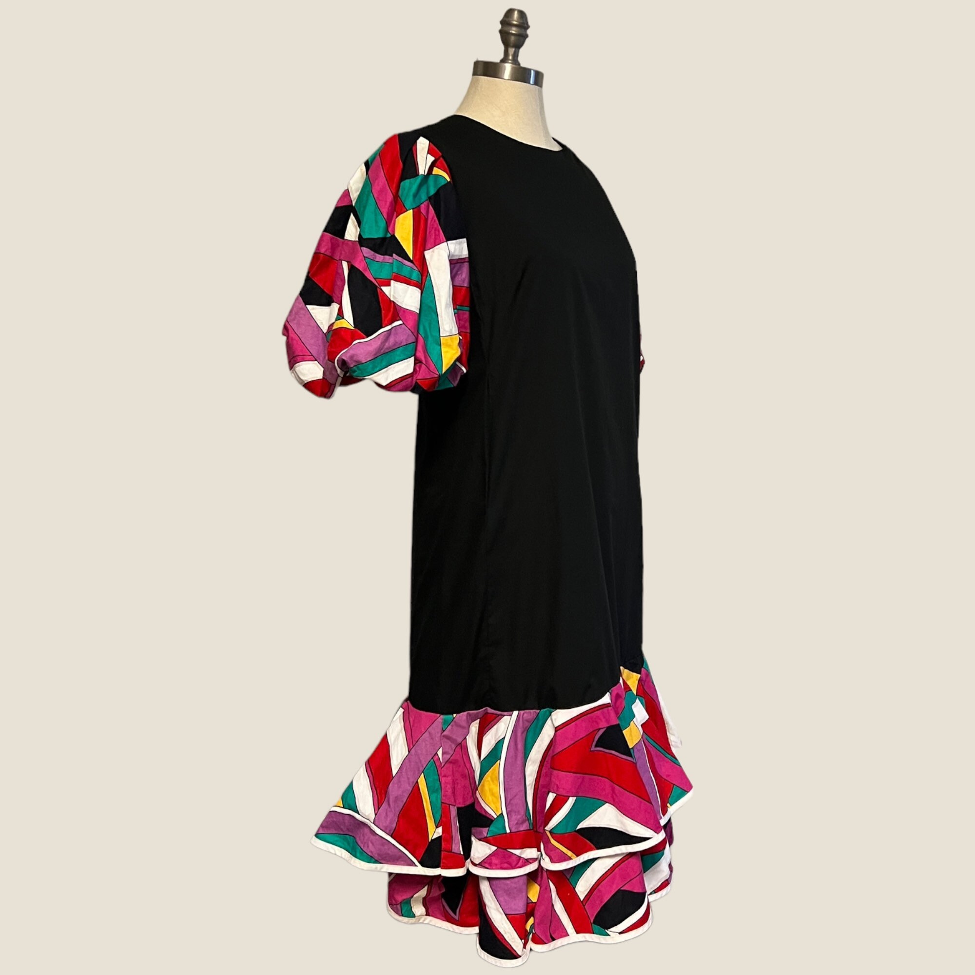1970s Christiana Designs Honolulu Dress Abstract Puff Sleeves 