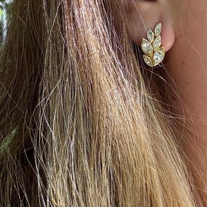 Vintage Nina Ricci Leaf Clip on Earrings 22kt Gold Plated Signed Designer Crystals