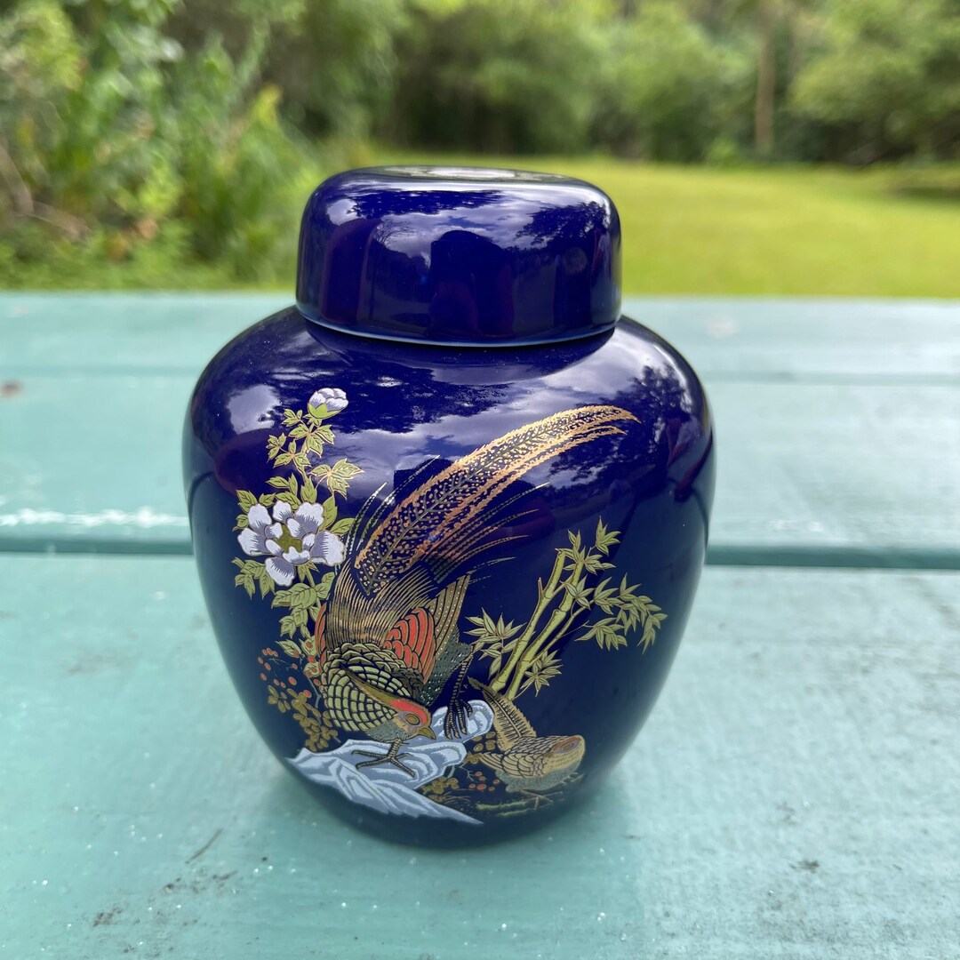 Vintage OTAGIRI Style Cobalt Blue Vase Ginger Jar With Flowers and