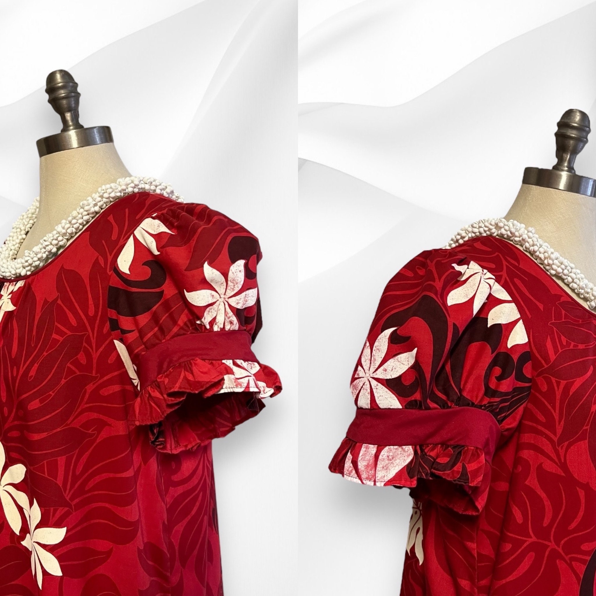 Red Gingham Hawaiian Muumuu Dress with Ohia Lehua Print 8421