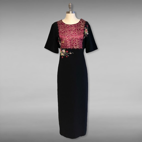 Vintage Embroidered Bib Black Dress, Short Sleeve… - image 1