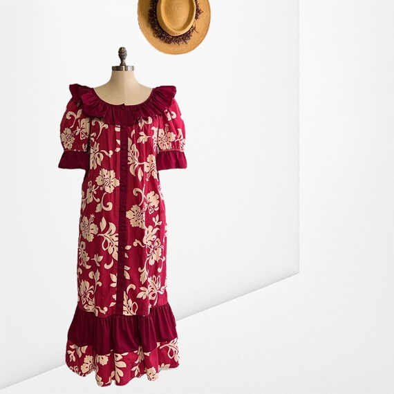 Hawaiian Muumuu Dress in Cream and Blue Hibiscus Print