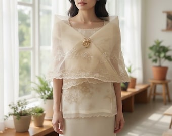 May include: A cream-coloured formal dress with a sheer, embroidered shawl. The shawl is secured with a gold-coloured bow pin. The dress has a layered design with floral embroidery. The background includes plants and a window.