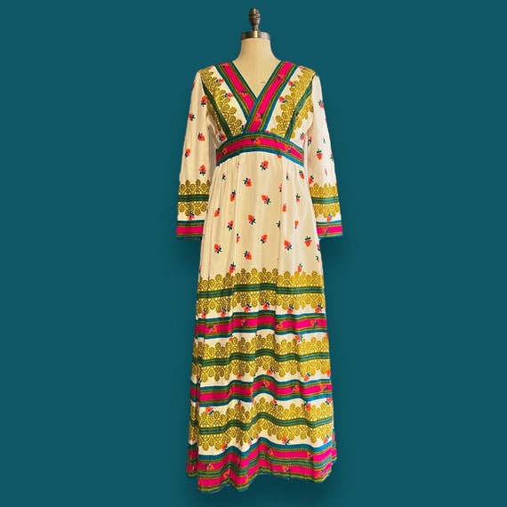 Vintage Longsleeve Dress Bright Florals 1970s Size