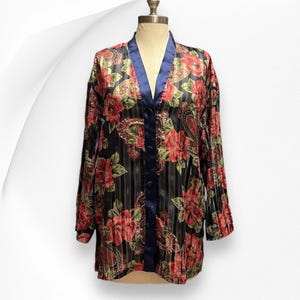 Vintage Victorias Secret Gold Label Satin Stripes Pajamas Top Floral Semi-Sheer