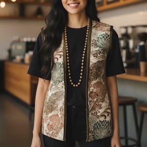 Montsuki Honolulu Vest Silk Vintage Samurai Inspired Lotus Brocade Rayon NWT 1970s