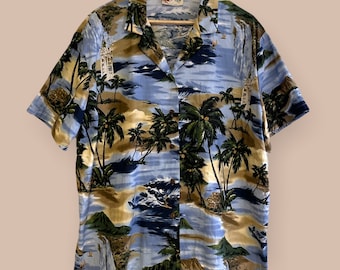 Hilo Hattie Hawaiian Mens Shirt ALOHA Clock Tower Surf Mod Tropical Island Sz XL