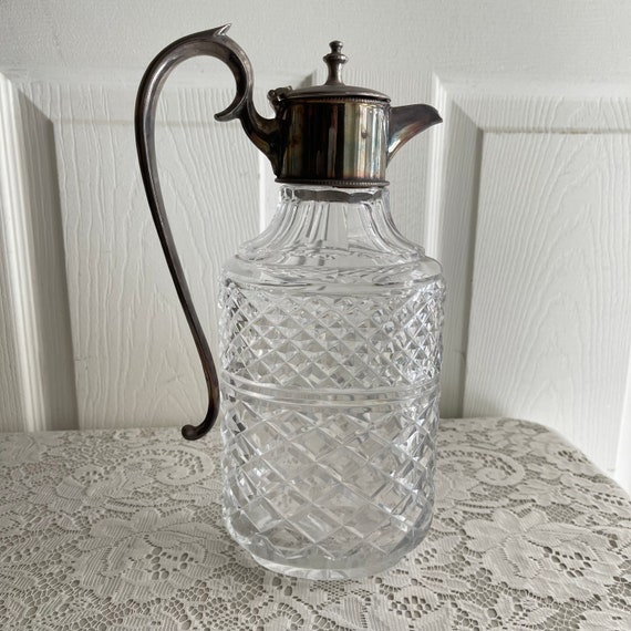 Crystal Glass Diamond Cut & Silverplated Top Lid, Handle Claret Jug Ewer  Decanter Wine Pitcher Circa 1930s-1940s Barware Heavy 