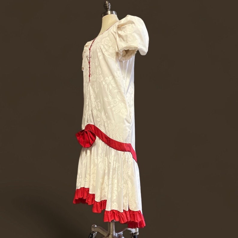 Hawaiian Muumuu Dress High-Low Hem Bow Tropical Floral Off White Red Allan James Size Large image 8