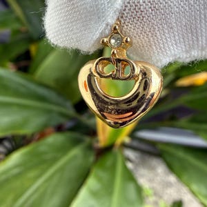 Vintage Christian Dior CD Heart Charm Pendant Gold Plated Rhinestone Accent