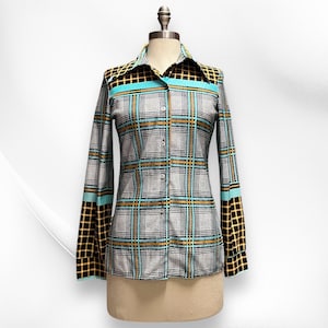 Camisa disco retro vintage de los años 60 y 70 con rayas geométricas, talla mediana