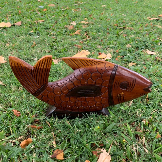 Hand Carved Wooden Fish From Haiti Detailed Tri-tone Color Wood
