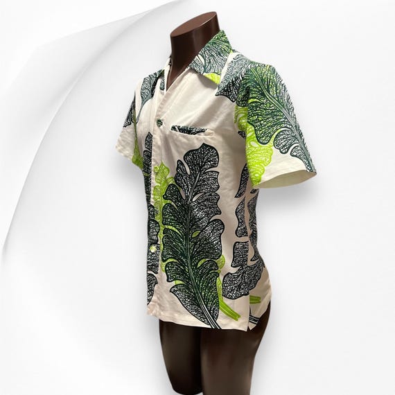 Vintage 70s Blue/Green Barkcloth Hawaiian Aloha Shirt, by JC Penny Towncraft