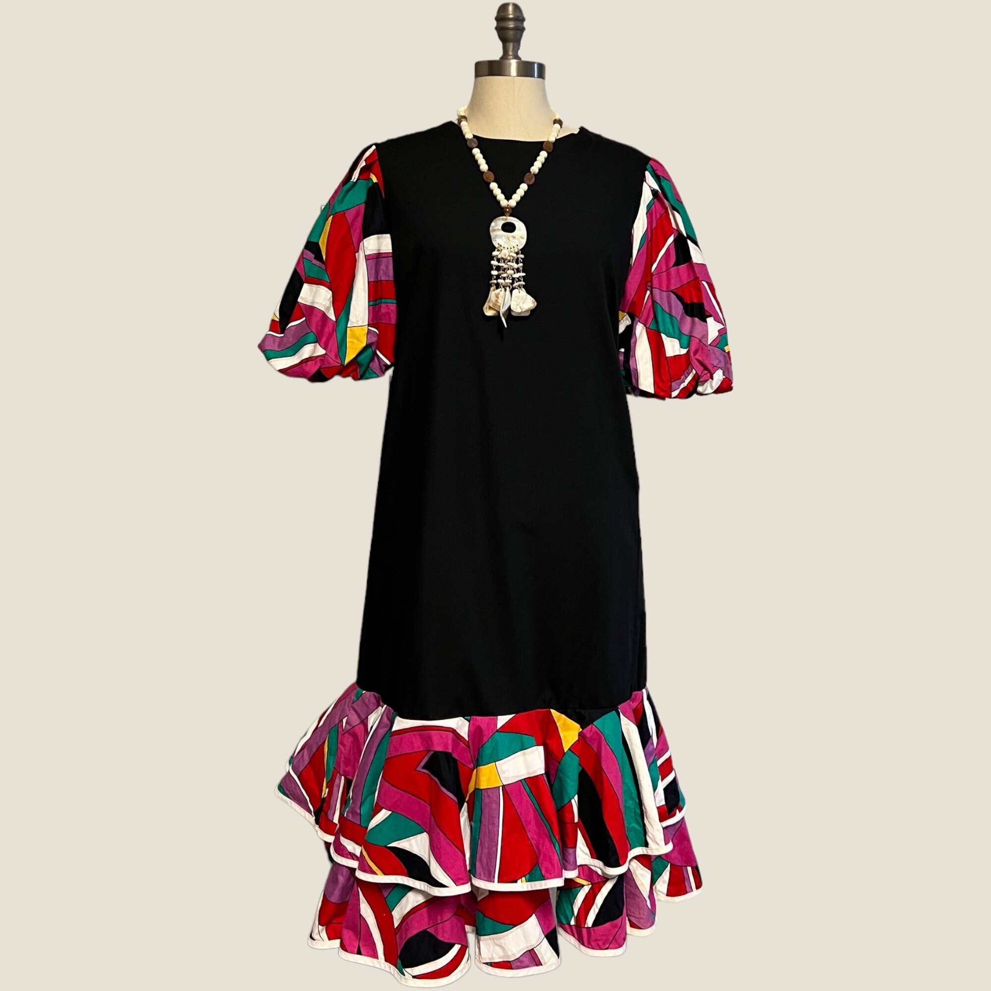 1970s Christiana Designs Honolulu Dress Abstract Puff Sleeves 