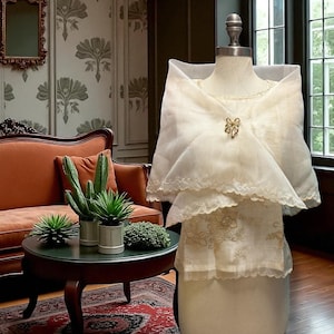 Embroidered Filipiniana Alampay Beige Floral Embroidery Rosebud Shawl Maria Clara Pañuelo One Size