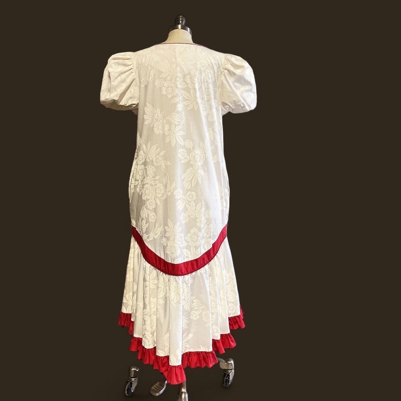 Hawaiian Muumuu Dress High-Low Hem Bow Tropical Floral Off White Red Allan James Size Large image 9