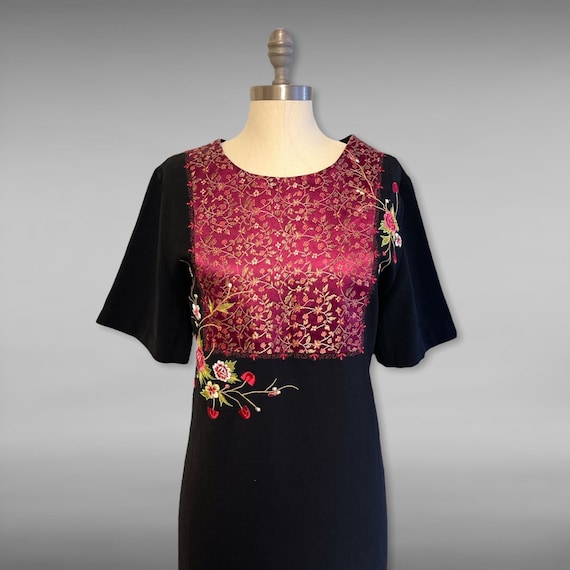 Vintage Embroidered Bib Black Dress, Short Sleeve… - image 2