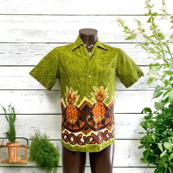 Hawaiian Shirt Barkcloth Green Pineapple Tiki Brown Size Small 