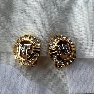 Vintage Nina Ricci Clip On Earrings 22kt Gold Plated Signed Designer Swarovski Crystals
