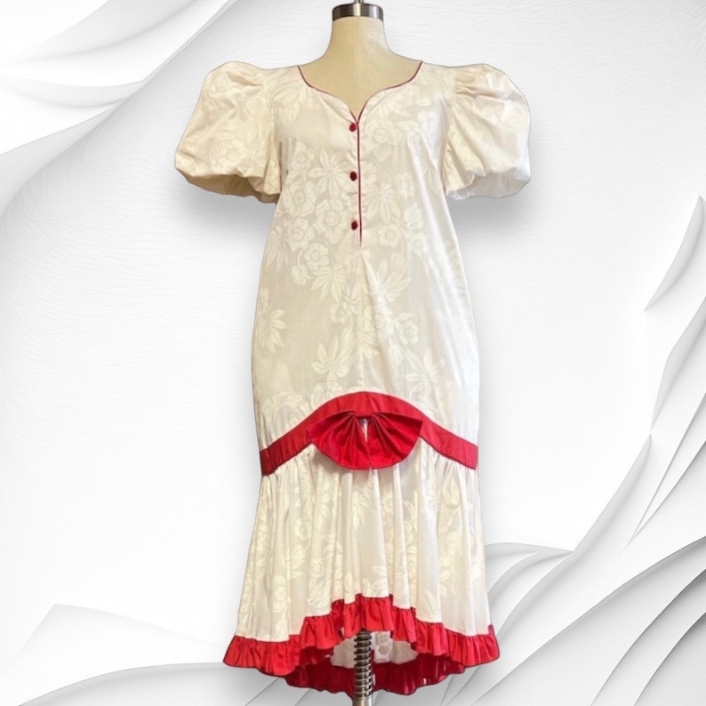 Hawaiian Muumuu Dress High-Low Hem Bow Tropical Floral Off White Red Allan James Size Large image 1