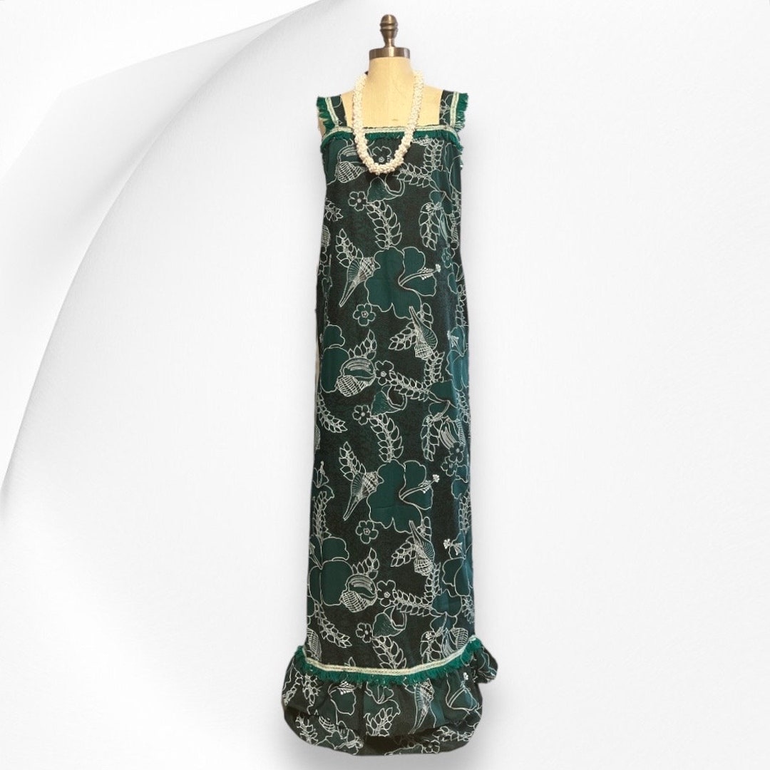 Mid Length Muumuu Hawaiian Dress Black and Hibiscus