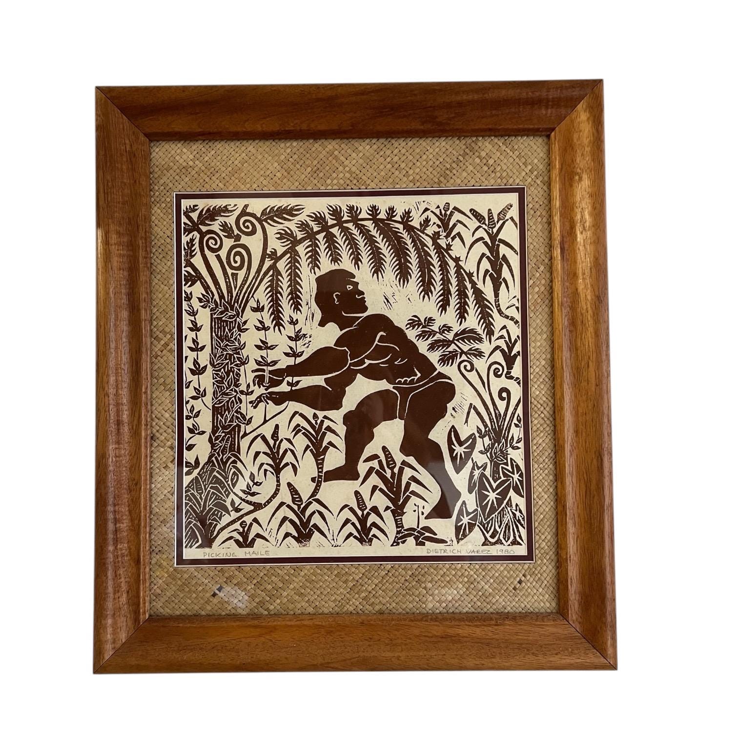 Hawaii Artist Dietrich Varez Picking Maile Lauhala Woodblock Print