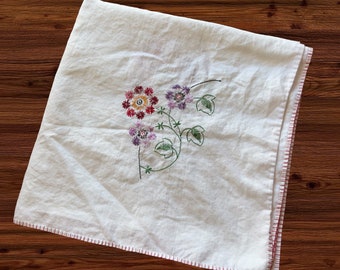 Vintage Hand Embroidered Tablecloth Floral Hem Stitch Floral