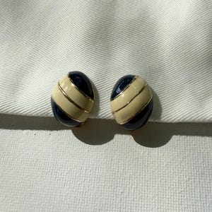 Vintage Nina Ricci Clip On Earrings Navy  Cream Enamel Signed Designer Gold Plated