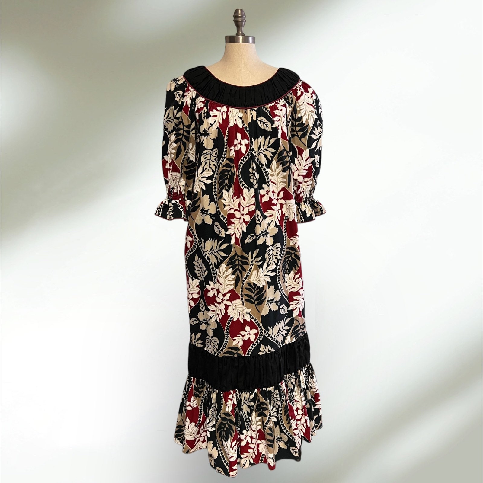 Two Palms - Orchid Monstera Red Cotton Hawaiian Long Muumuu Dress