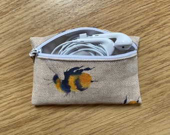 Handmade Earphone/Earbud Zipped Case Pouch Made With Bumblebee Linen Fabric